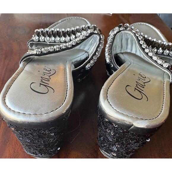 Grazie Black Sequin Rhinestone Wedges Sz 9 - Picture 5 of 6